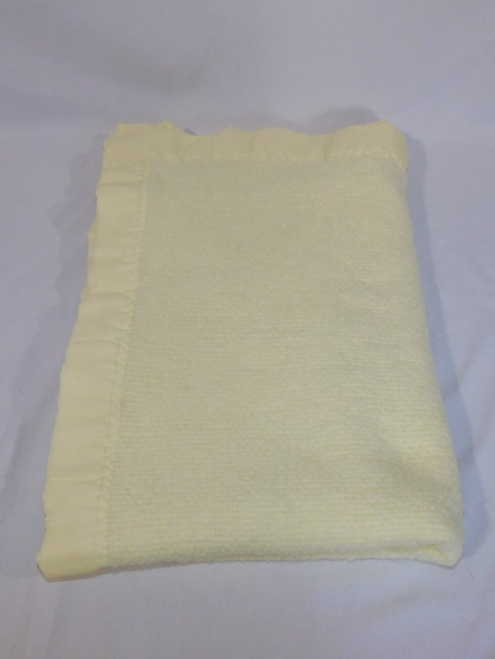 VTG Esmond Baby Blanket Thin Yellow Acrylic Satin Trim Edge Waffle Weave 33" 43"